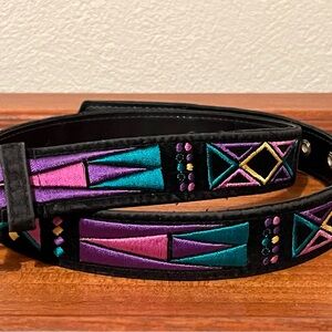 Vibrant Geometric Embroidered Belt in Black, Pink, and Teal